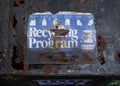 New York City, USA - July 1, 2019: old rusty recycling program trash containers