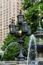 New York City / USA - JUN 20 2018: acob Wrey Mould Fountain Street light in the Financial District of Lower Manhattan in New York