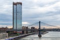 New York City / USA - JUN 20 2018: Manhattan Bridge with skyscraper and buildings at early morning in New York City