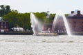 New York City, USA - June 8, 2017: FDNY Fireboat water canon display in Manhattan bay in New York City on June 8, 2017