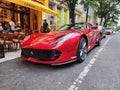 New York City, USA - June 03, 2023: Ferrari 812 GTS Superfast convertible red car front and lateral view parked
