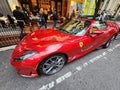 New York City, USA - June 03, 2023: Ferrari 812 GTS Superfast convertible red parked front driver side wheel