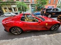 New York City, USA - June 03, 2023: Ferrari 812 GTS Superfast convertible red parked passenger side view, parked