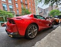 New York City, USA - June 03, 2023: Ferrari 812 GTS Superfast convertible red parked rear passenger side wheel