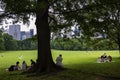 People enjoying a sunny day at the Central Park with the New York skyline in the background, in the city of New Yor Royalty Free Stock Photo