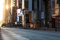 Sunset light shines on an empty view of Times Square in New York City
