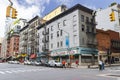 New York City, USA - June 7, 2017: View of old buildings in Tribeca neighborhood in Lower Manhattan, West Street, Broadway, New