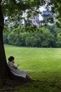 Young woman reading a book under a tree at the Central Park with the New York skyline in the background, in the city of New York, Royalty Free Stock Photo