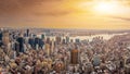 The New York City USA .Manhattan downtown and skyline skyscrapers at sunset with the Hudson river and Brooklyn bridge. Extreme Royalty Free Stock Photo