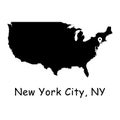 New York City on USA Map. Detailed America Country Map with Location Pin on NYC. Black silhouette and outline vector maps isolated