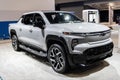 New York City, USA - March 27, 2024: 2024 Chevrolet Silverado EV electric white pickup truck vehicle at New York