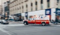 New York City, USA - March 18, 2017: FDNY Ambulance flashing lights siren blasting speed through midtown rush hour traffic in