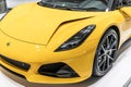 New York City, USA - March 27, 2024: Lamborghini Revuelto hypercar sportscar yellow car highlights at New York