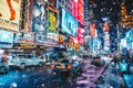 New York City, USA - March 18, 2017: People and famous led advertising panels in Times Square during snow, one of the symbol of