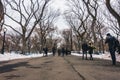 New York City, USA - March 18, 2017: People stroll and joggers run on the Mall in Central Park. Central Park is the most visited