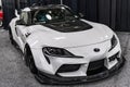 New York City, USA - March 27, 2024: Toyota GR Supra sportscar car at New York International Auto Show, corner view