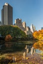 Buildings reflecting in a lake in autumn in Central Park