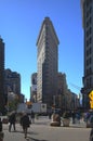 New York City, USA - Oct, 2018: Flatiron building facade, one of the first skyscrapers ever built, with NYC Fifth Avenue