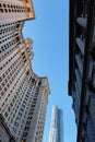 skyscraper 8 Spruce Street seen from older buildings in Manhattan, NYC