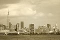 New York City, USA panorama of downtown landmark buildings