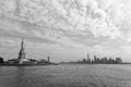 The Statue of Liberty and Manhattan Skyline black & white Royalty Free Stock Photo