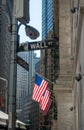 Wall street sign pointer, american flags at background Royalty Free Stock Photo