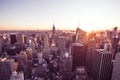 New York City - USA. View to Lower Manhattan downtown skyline with famous Empire State Building and skyscrapers at sunset Royalty Free Stock Photo