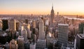 New York City - USA. View to Lower Manhattan downtown skyline with famous Empire State Building and skyscrapers at sunset. Royalty Free Stock Photo