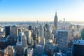 New York City - USA. View to Lower Manhattan downtown skyline with famous Empire State Building and skyscrapers at sunset. Royalty Free Stock Photo