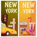 New York city Vector banners with flat icons. Yellow taxi, big apple. City line