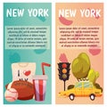 New York city Vector banners with flat icons. Yellow taxi, sport, baseball, rugby. City line