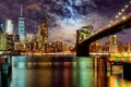 New York City& x27;s Brooklyn Bridge and Manhattan skyline illuminated full moon overhead. Royalty Free Stock Photo