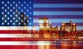 New York City& x27;s Brooklyn Bridge and Manhattan skyline illuminated American flag Royalty Free Stock Photo