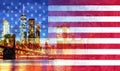 New York City's Brooklyn Bridge and Manhattan skyline illuminated American flag Royalty Free Stock Photo