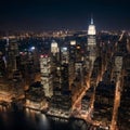 New York Cityscape during Night Time has a busy skyline and dense skyscrapers filling the sky. Royalty Free Stock Photo