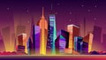 New York night cityscape vector cartoon illustration