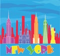 New York colorful lettering and travel icons on blue sky background. Travel Postcard.