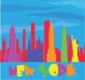 New York colorful lettering and travel icons on blue sky background. Travel Postcard.