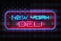 New York Deli neon sign on a Dark Wooden Wall 3D illustration with Stars and Stripes flag background Royalty Free Stock Photo