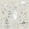 New York doodle line set. Hand drawn elements.