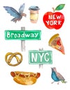 New York Doodle set. American travel symbols in hand drawn sketch. Watercolor. Royalty Free Stock Photo