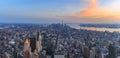 New York Downtown and lower Manhattan skyline view with the One World Trade Center skyscraper at sunset Royalty Free Stock Photo