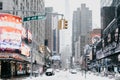 New York famous streets under snow. Old landmark of Manhattan. Royalty Free Stock Photo