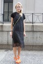 Long Black Dress New York Fashion Week street style in Manhattan. Fashionable style Royalty Free Stock Photo