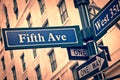 New York Fifth avenue street sign post vintage style Royalty Free Stock Photo