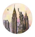 The New York with freedom monument watercolor hand drawing, famouse arhitectural buillding isolated Royalty Free Stock Photo