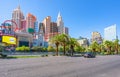 New York-New York Hotel and Casino in the center of Las Vegas Strip. Architecture, street view, bright blue sky on background