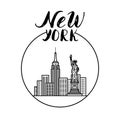 New York illustration with modern calligraphy, city buildings an