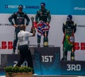 Brooklyn Borough President Eric Adams presents trophy to 2021 New York City E-Prix Formula E Race 11 winner Sam Bird GBR Royalty Free Stock Photo