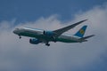 Uzbekistan Airways Boeing 787 Dreamliner descends for landing at JFK International Airport in New York